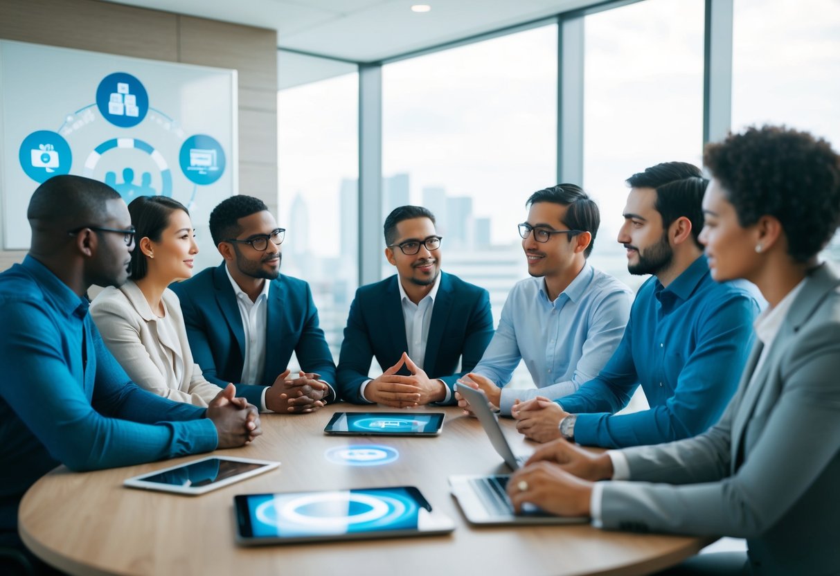 A diverse group discussing relationships in a modern setting, with symbols of cultural values and digital technology present