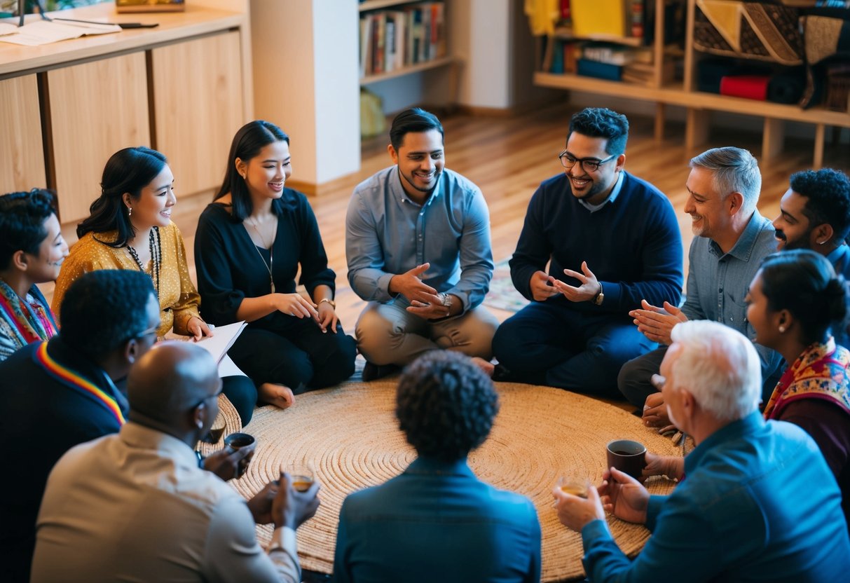 A diverse group of people from different cultural backgrounds gathered in a circle, engaged in conversation and sharing their traditions