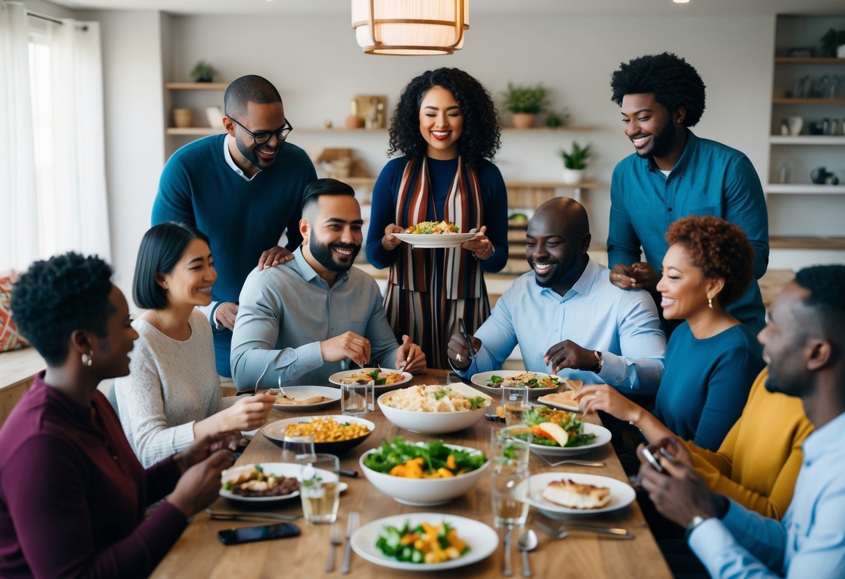 A diverse group of people engage in various activities, such as sharing meals, celebrating traditions, and communicating through technology