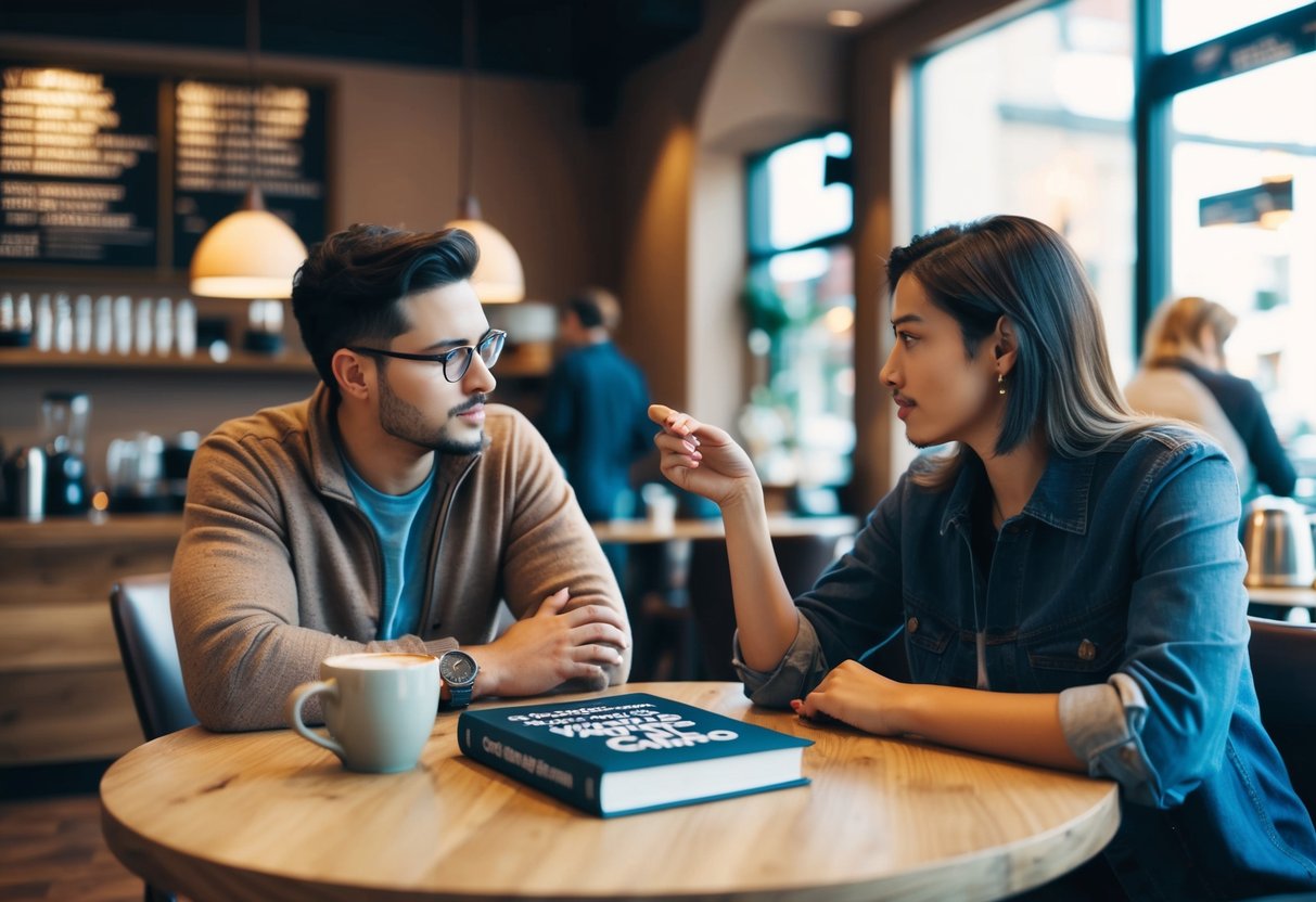 A cozy coffee shop with two people engaged in deep conversation. A book titled "The Complete Guide to Values-Based Dating" sits on the table