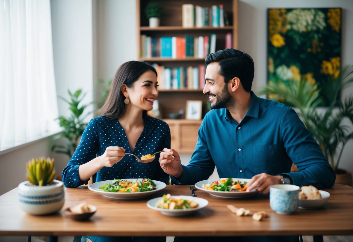 A couple sitting at a table, sharing a meal, surrounded by symbols of shared values such as books, nature, and art