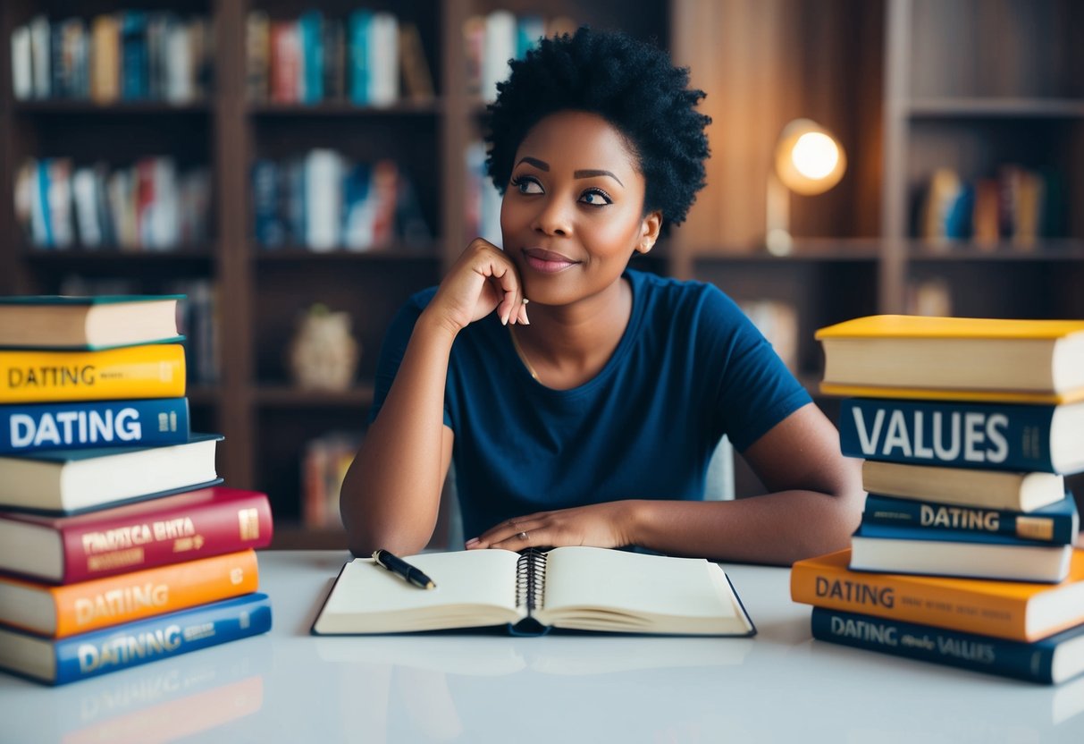 A person sitting at a table with a notebook and pen, surrounded by books on dating and values. A thoughtful expression on their face