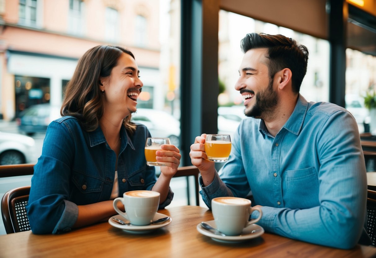 A couple sits at a cafe, laughing and enjoying each other's company. They share similar values, evident in their animated conversation and genuine connection