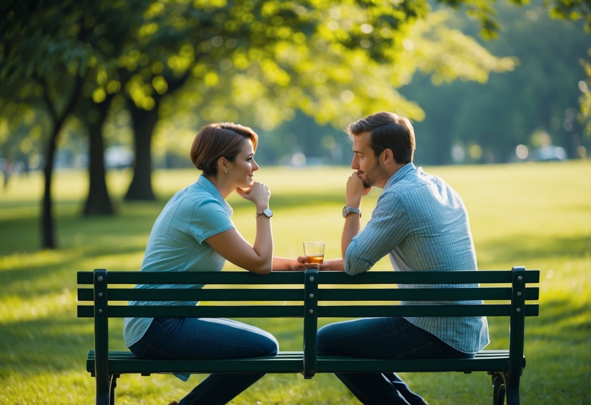 A couple sits on a park bench, surrounded by nature. They are deep in conversation, connecting over their shared values and beliefs