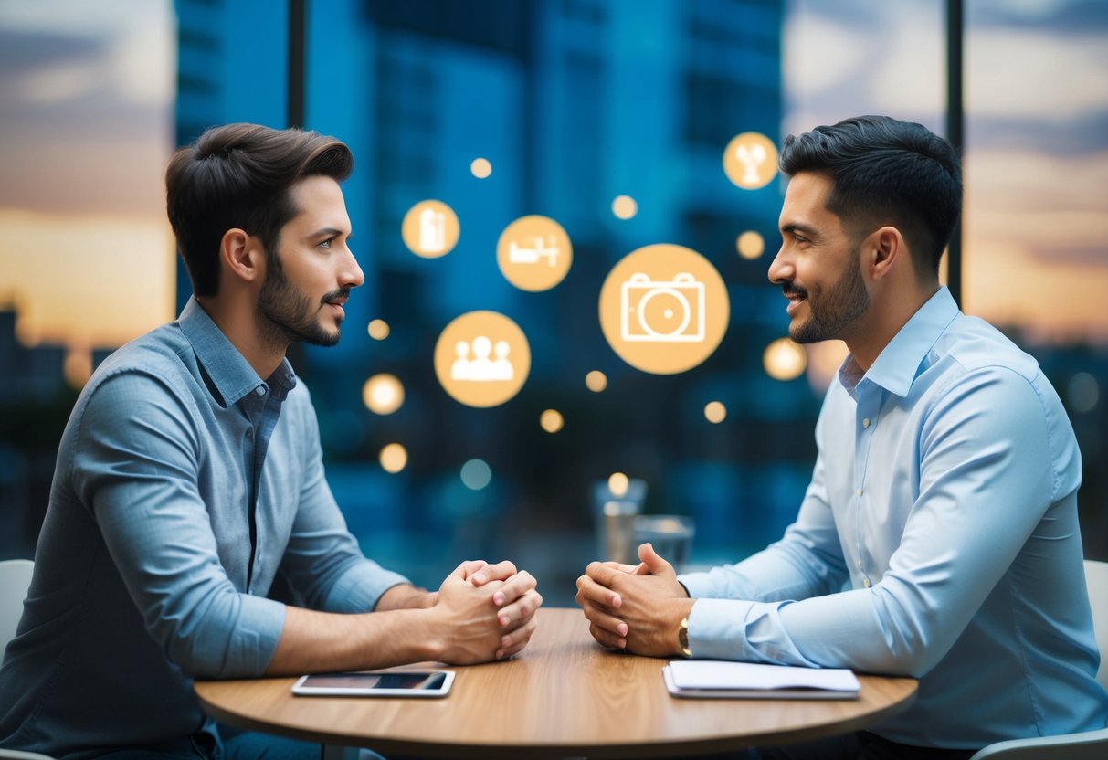 A couple sitting across from each other at a table, engaged in deep conversation, surrounded by symbols of shared values and mutual interests