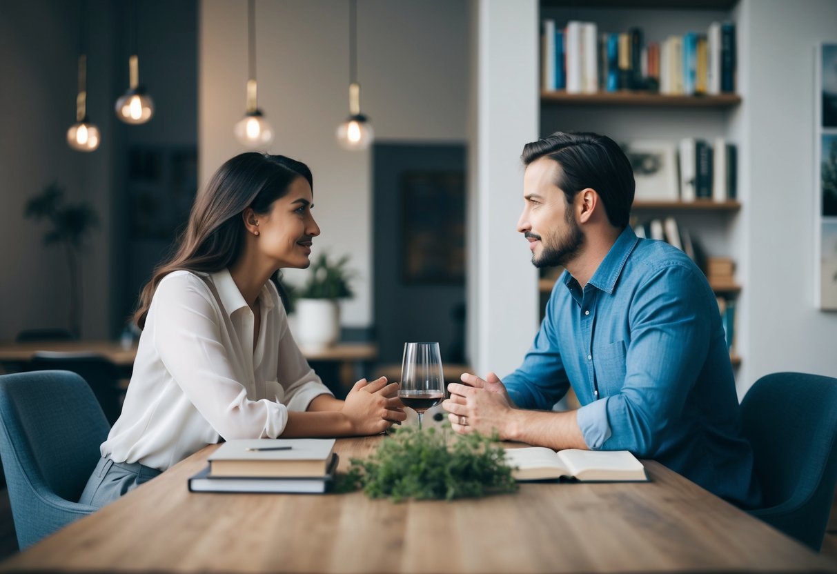 A couple sits across from each other at a table, engaged in deep conversation, surrounded by symbols of shared values such as books, art, and nature