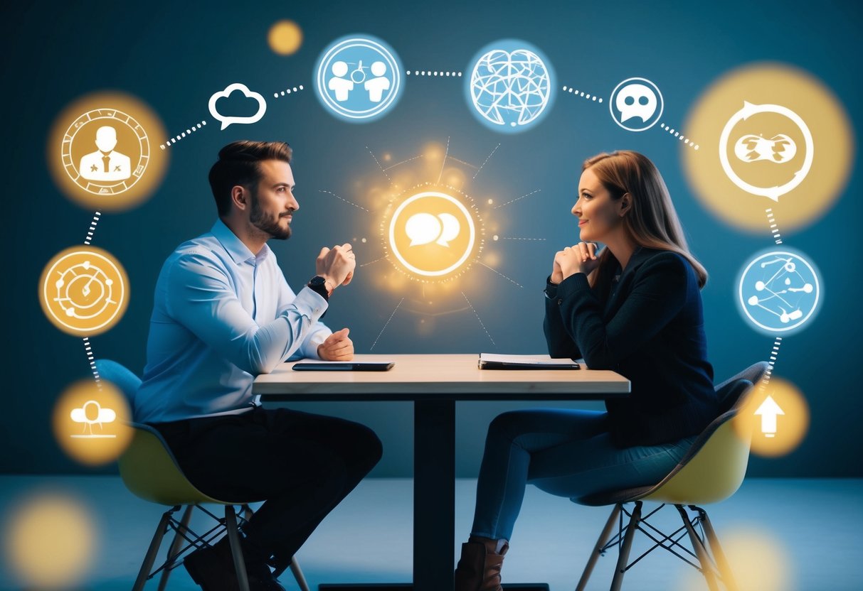 A couple sitting across from each other at a table, engaged in deep conversation, surrounded by symbols of communication and connection