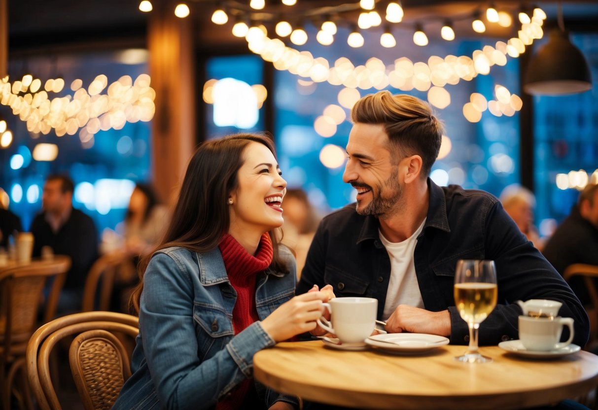 A couple sharing a laugh while on a romantic date at a cozy cafe, surrounded by twinkling lights and a warm, inviting atmosphere