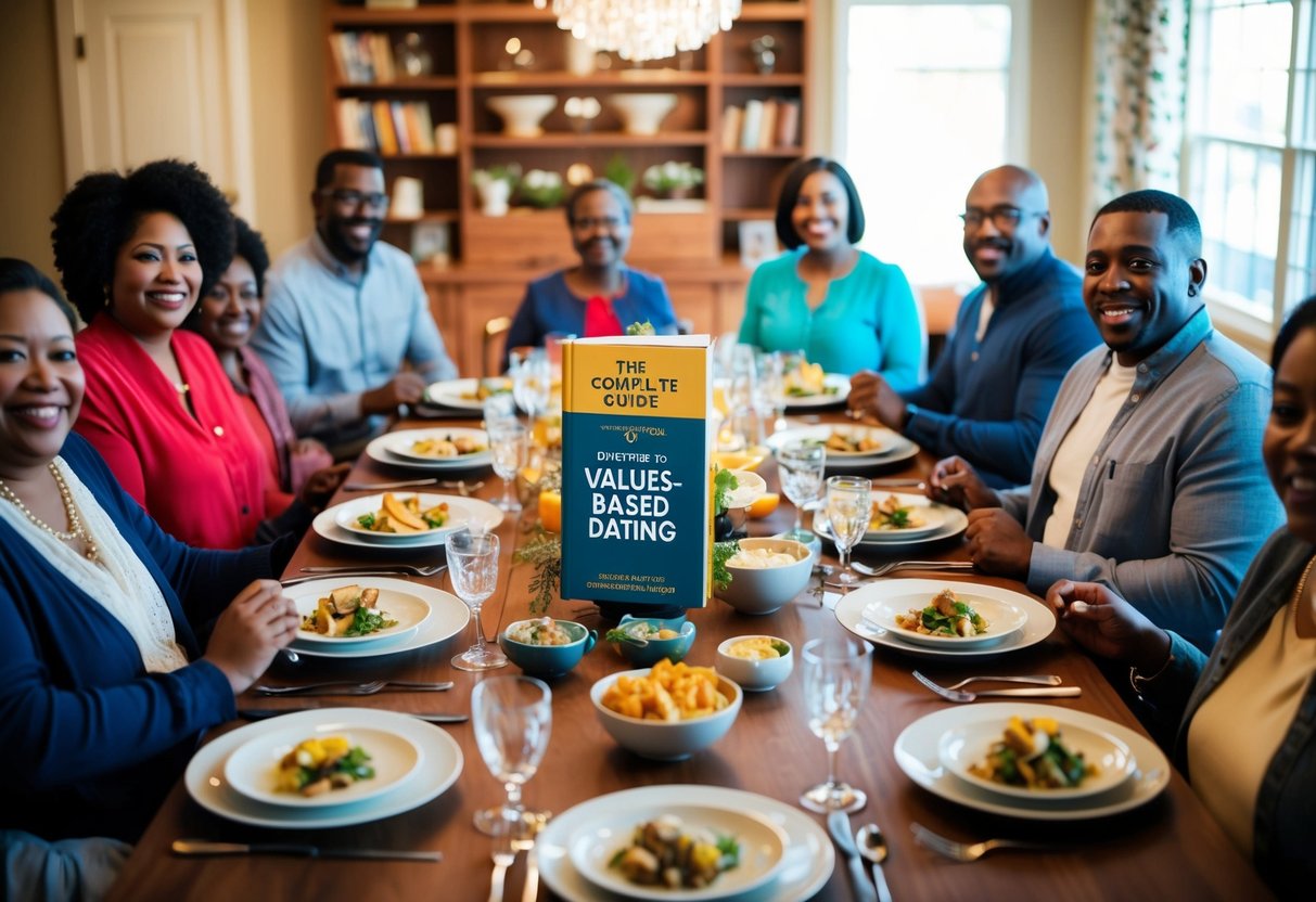 A warm, inviting family dinner table surrounded by diverse community members. A book titled "The Complete Guide to Values-Based Dating" sits at the center