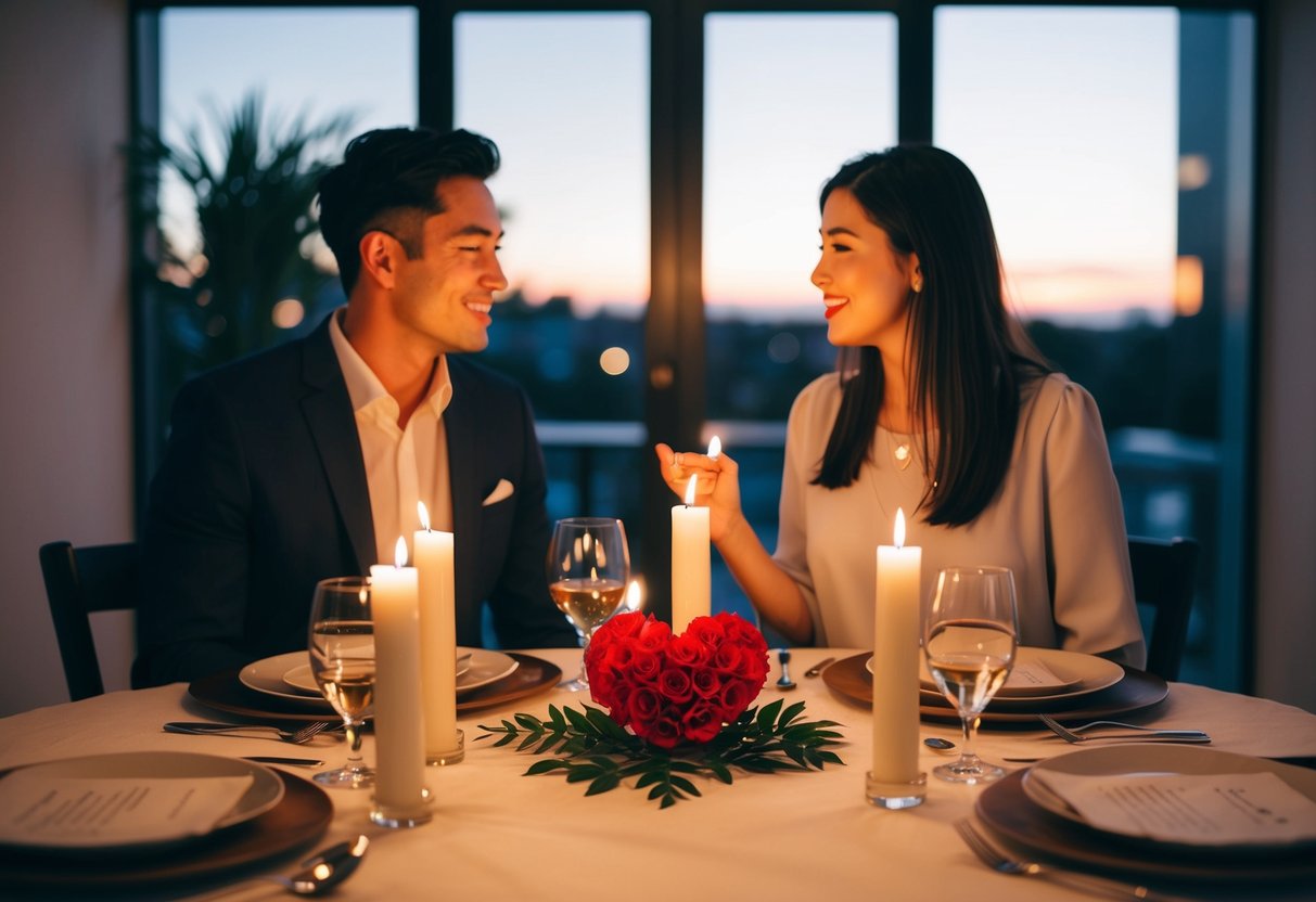 A couple sitting at a candlelit dinner table, surrounded by symbols of honesty, respect, and communication. A heart-shaped centerpiece represents love and compassion