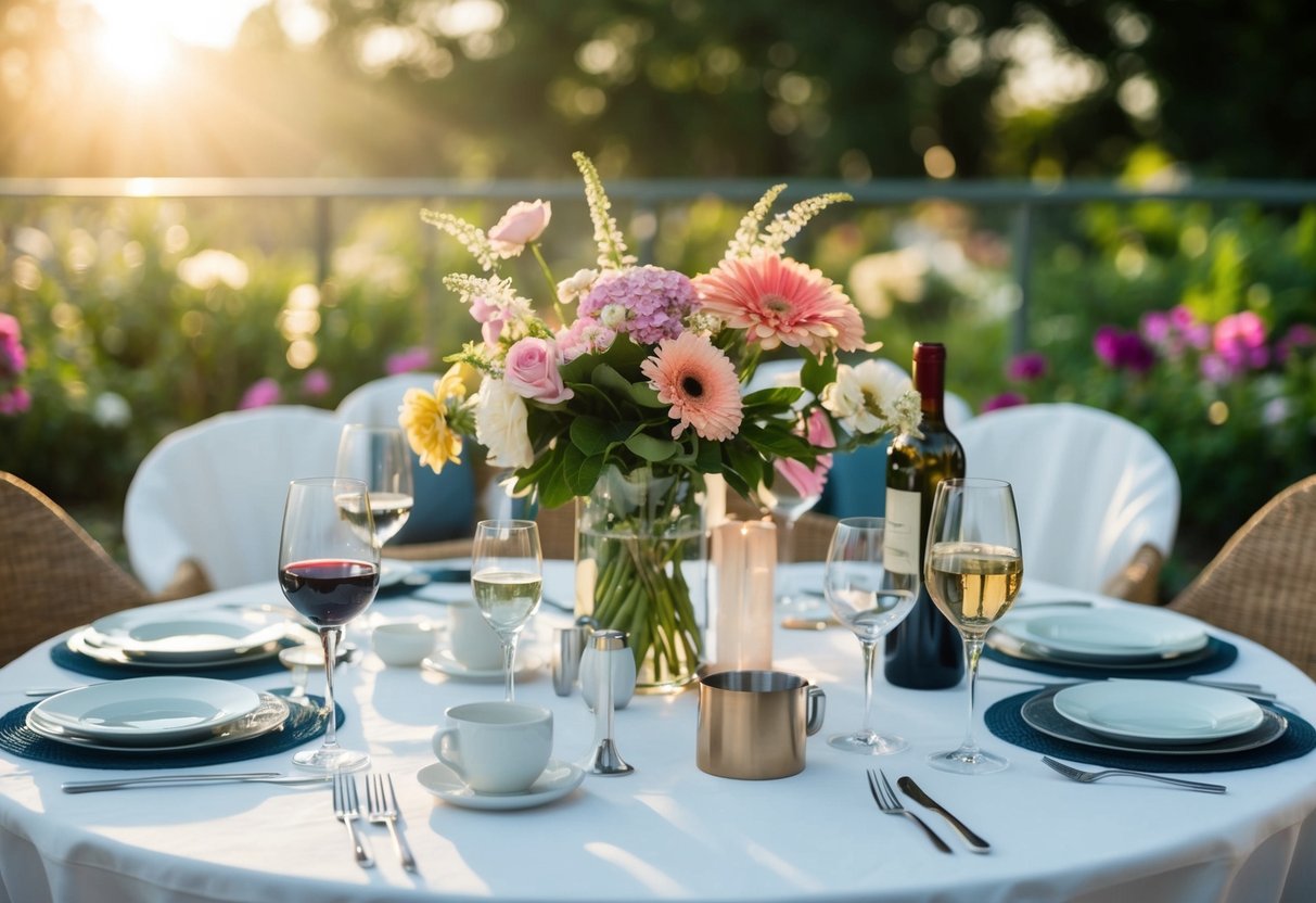 A table with 20 items: flowers, wine, communication, respect, honesty, laughter, trust, empathy, kindness, loyalty, affection, patience, understanding, compromise, independence, humor, support, equality, romance, and connection