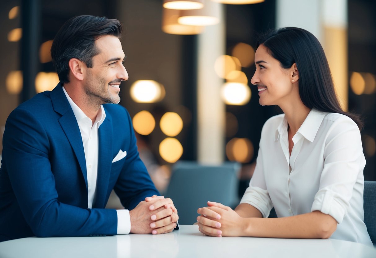 A man and woman sitting across from each other, making eye contact and smiling in a respectful and friendly manner