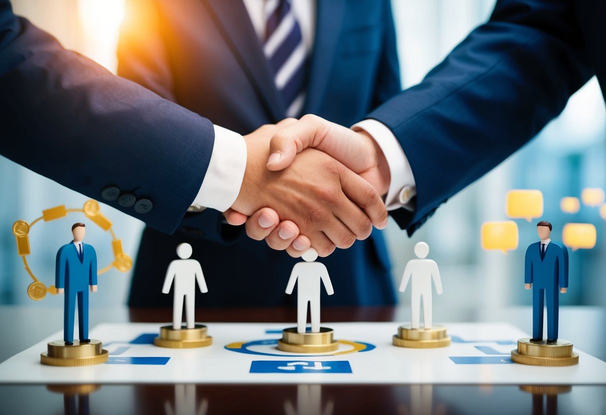 A handshake between two figures, surrounded by symbols of honesty and communication