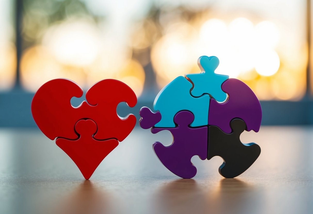 A heart-shaped puzzle with interlocking pieces representing different dating values