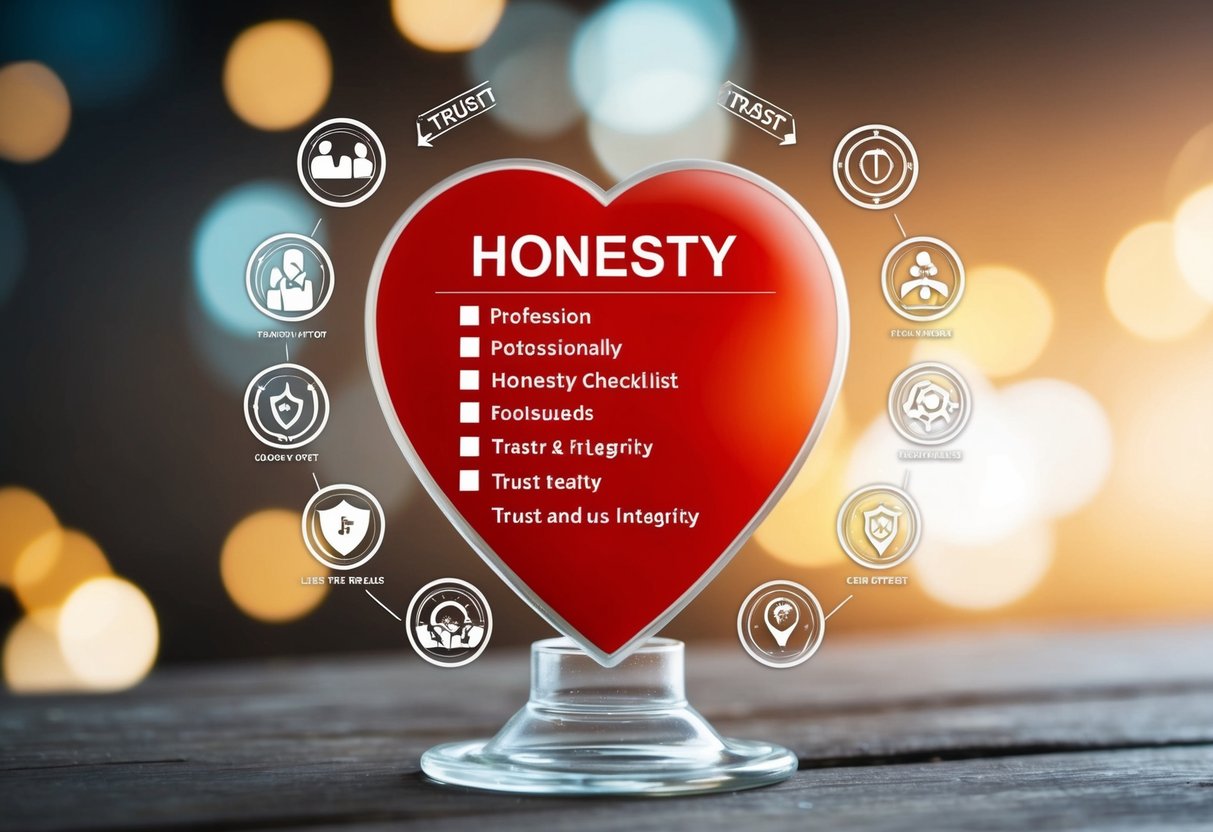 A heart-shaped checklist with "Honesty" at the top, surrounded by symbols of trust and integrity