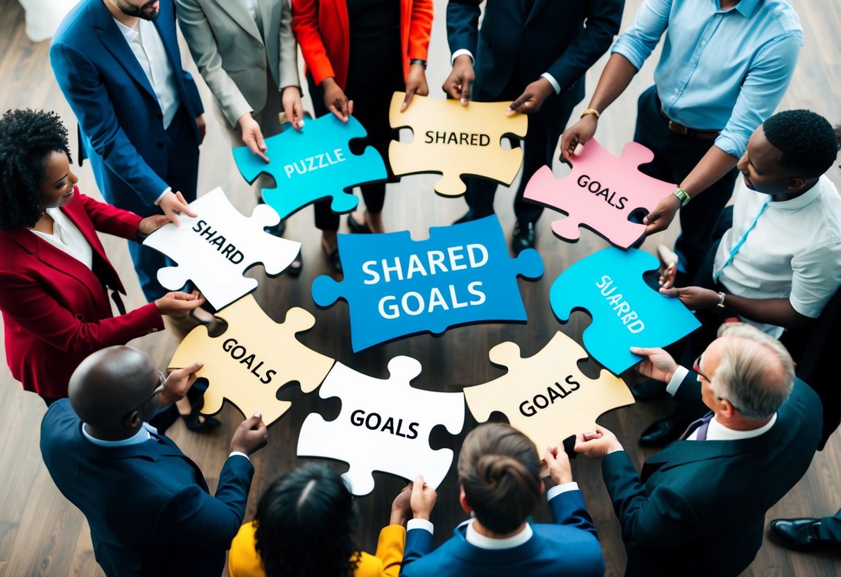 A diverse group of people standing in a circle, each holding a piece of a puzzle with the words "Shared Goals" written on it