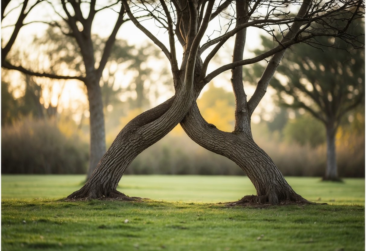 Two trees leaning towards each other, their branches intertwined in a supportive embrace