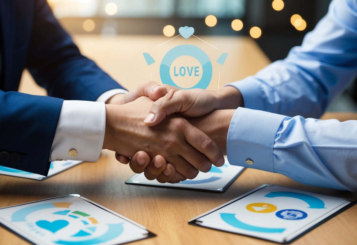 A table with two sets of hands reaching across to shake, surrounded by symbols of trust, communication, respect, and love