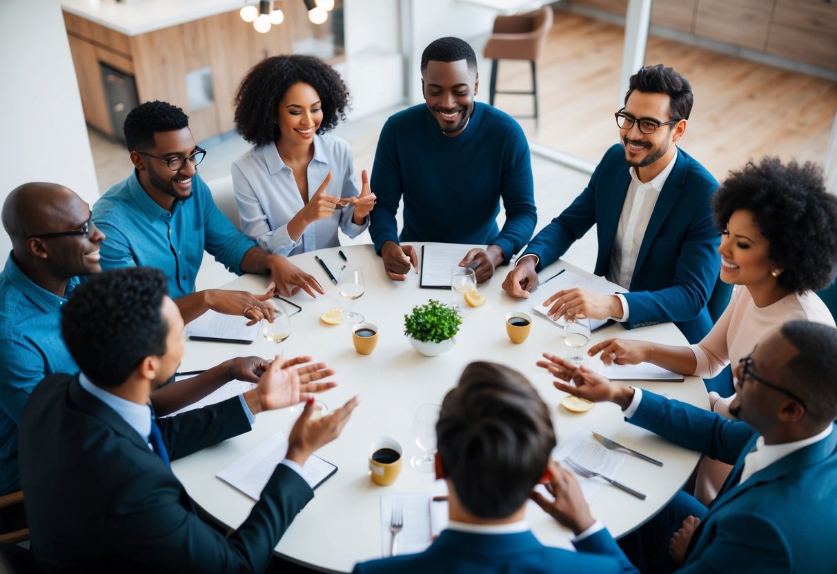 A diverse group of people gathered around a table, each expressing their unique dating values through gestures and facial expressions