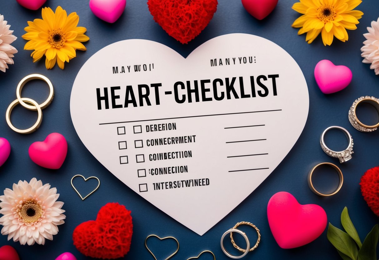 A heart-shaped checklist surrounded by symbols of love and connection, such as flowers, hearts, and intertwined rings