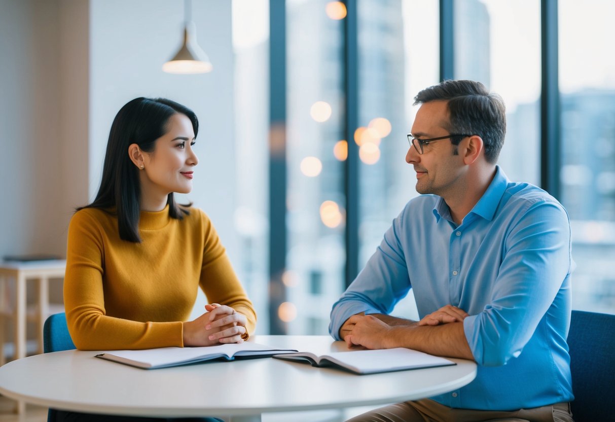 Two people sitting at a table, calmly discussing their differences with open body language and attentive expressions