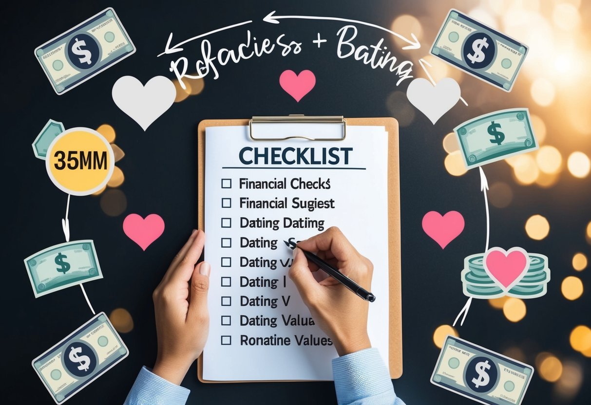 A person reviewing a checklist with financial and dating values, surrounded by money-related symbols and romantic imagery