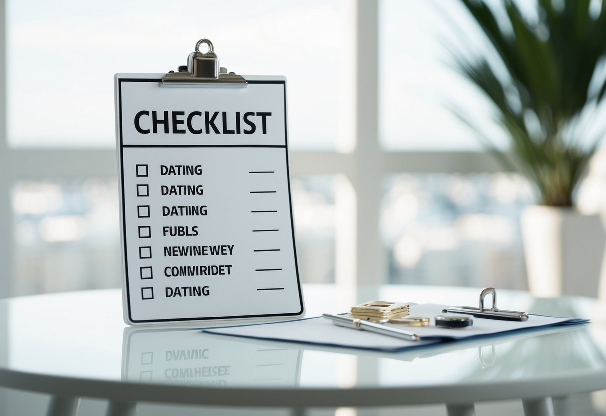 A checklist with 20 items, each representing a different dating value, is neatly laid out on a clean, white table