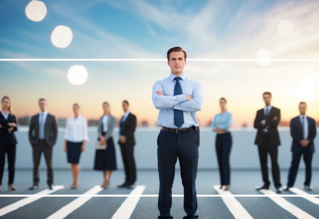 A person standing confidently with a clear boundary line separating them from others