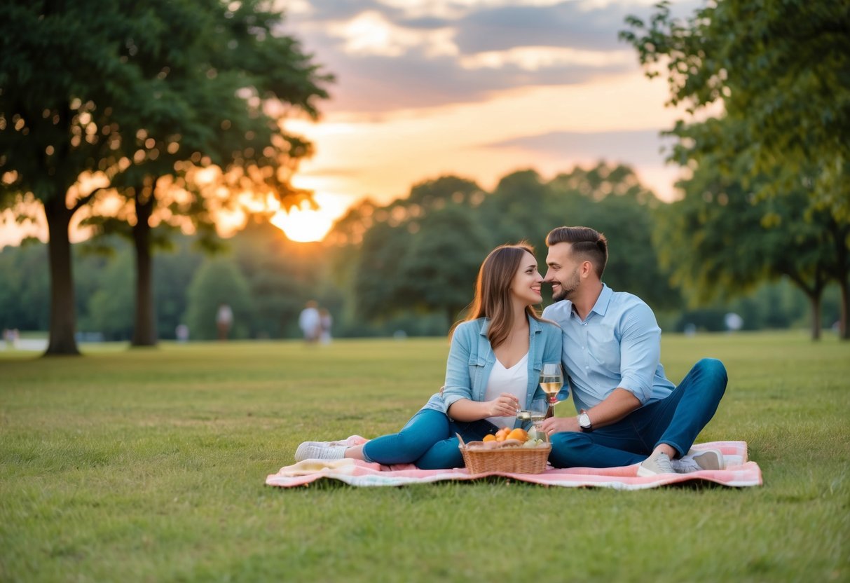 A couple sitting on a blanket in a peaceful park, enjoying a picnic together with a beautiful sunset in the background