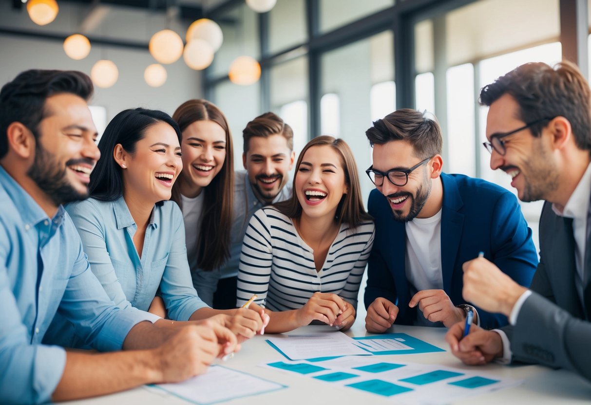 A group of people laughing and enjoying themselves while going through a checklist of dating values