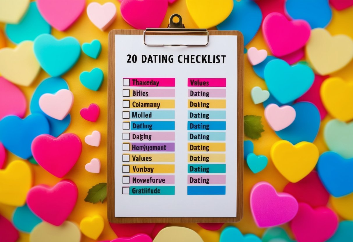 A colorful checklist with 20 dating values surrounded by symbols of love and gratitude