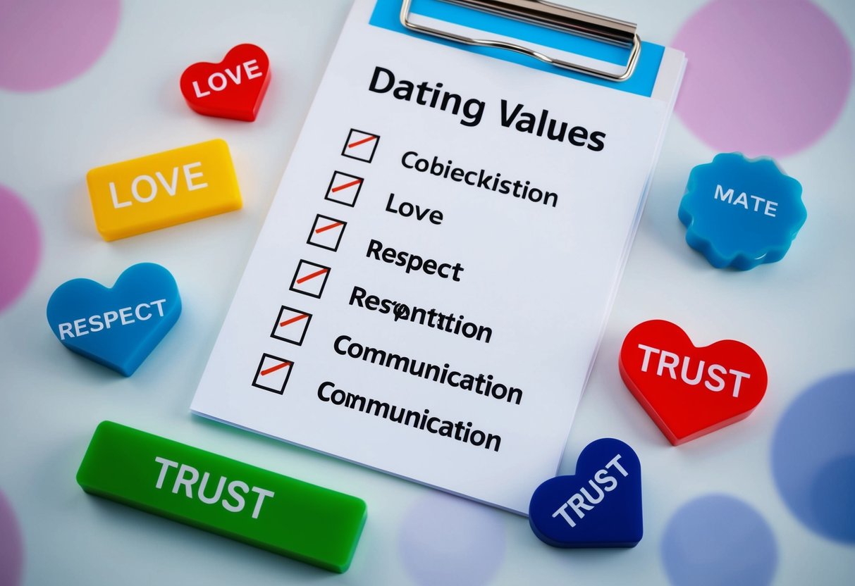 A table with a checklist of 20 dating values, surrounded by symbols of love, respect, communication, and trust