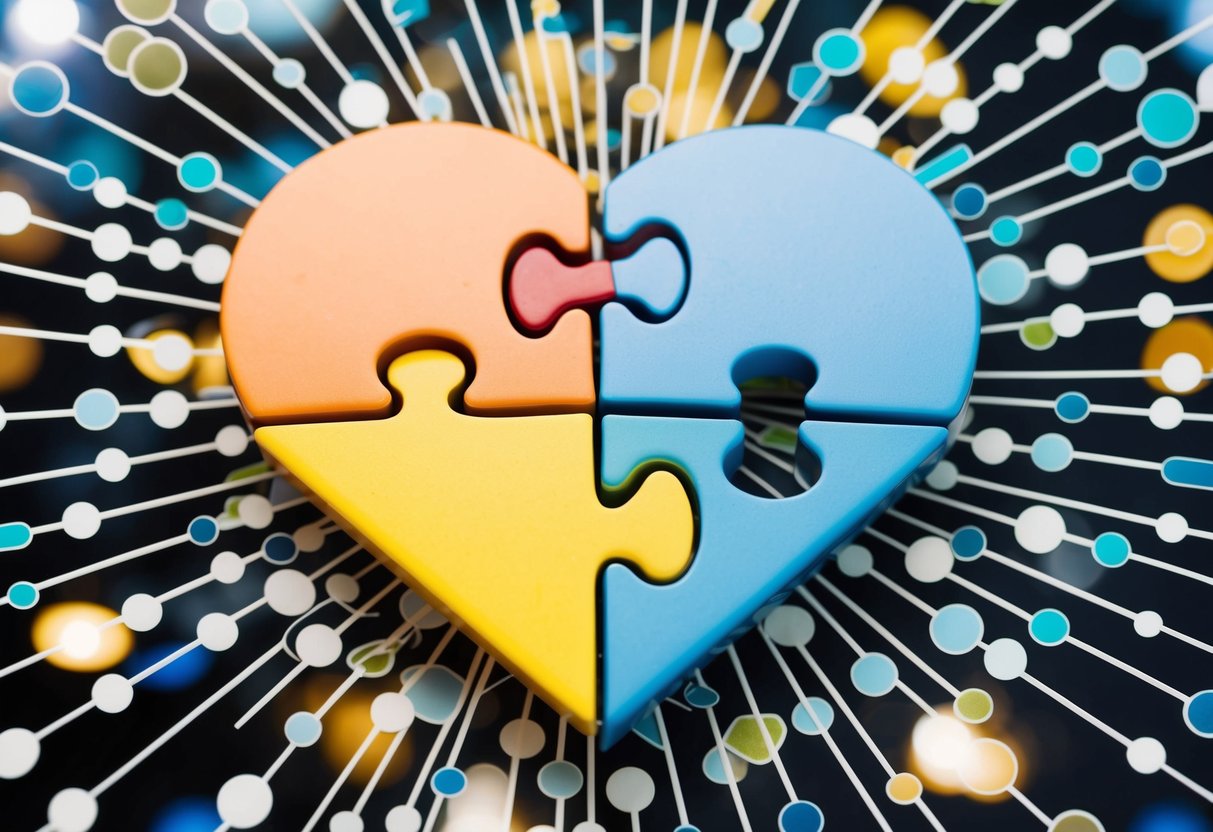 A heart-shaped puzzle with two halves fitting together, surrounded by a web of interconnected values symbols