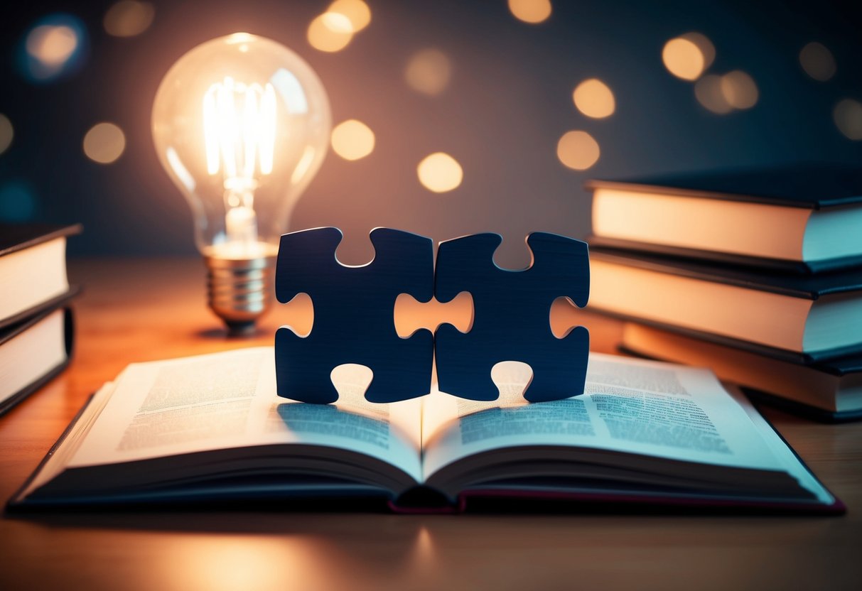 Two puzzle pieces fitting together seamlessly, surrounded by open books and a glowing light bulb