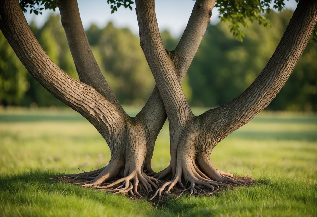 Two trees leaning towards each other, their branches intertwined in a harmonious embrace. The roots of the trees are entangled, symbolizing respect and mutual support