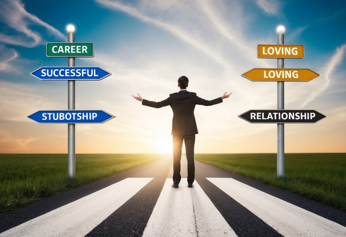 A person standing at a crossroads, with one path leading to a successful career and the other leading to a loving relationship, symbolizing the alignment of life priorities and goals with partner choice