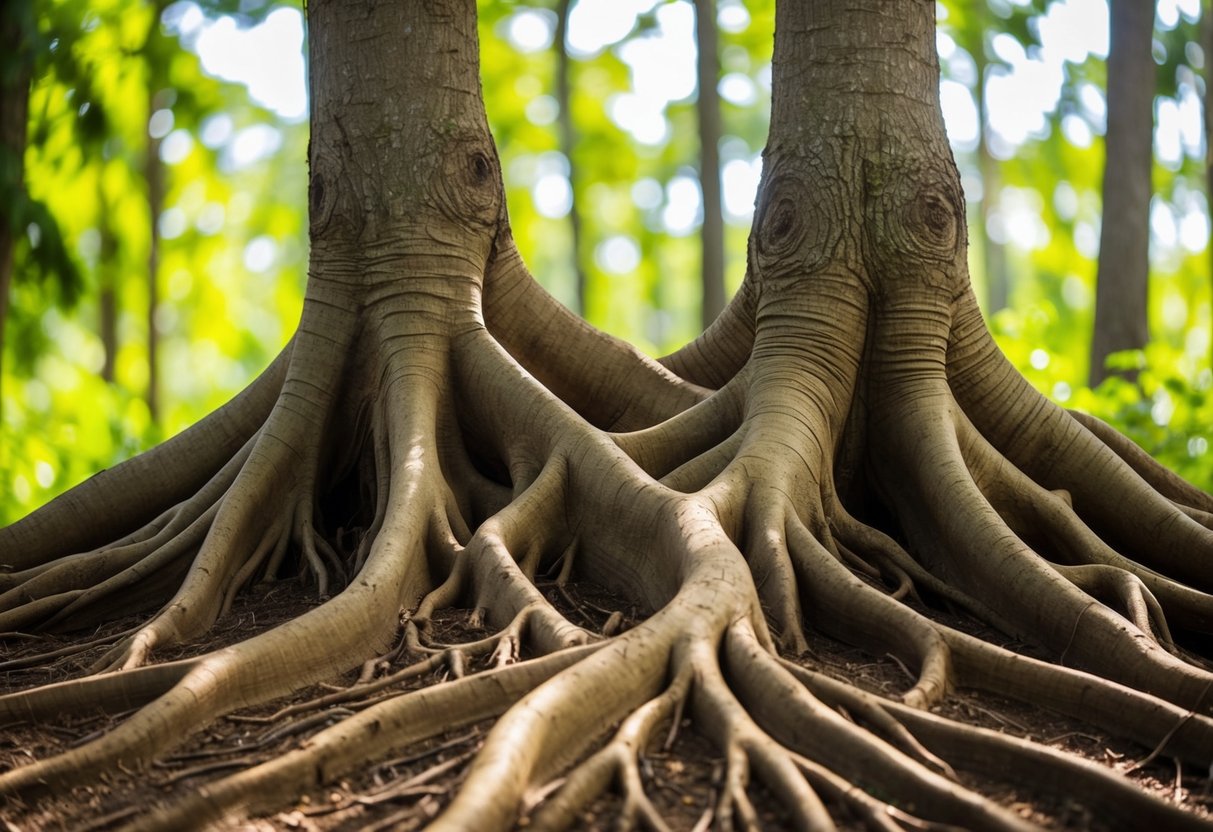 A tree with intertwined roots growing together in a lush, sunlit forest