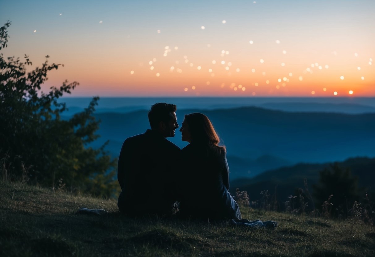 A couple's silhouettes sit on a hill, gazing at the stars, surrounded by nature. Their body language exudes warmth and understanding, symbolizing an emotional connection and fulfillment through shared values