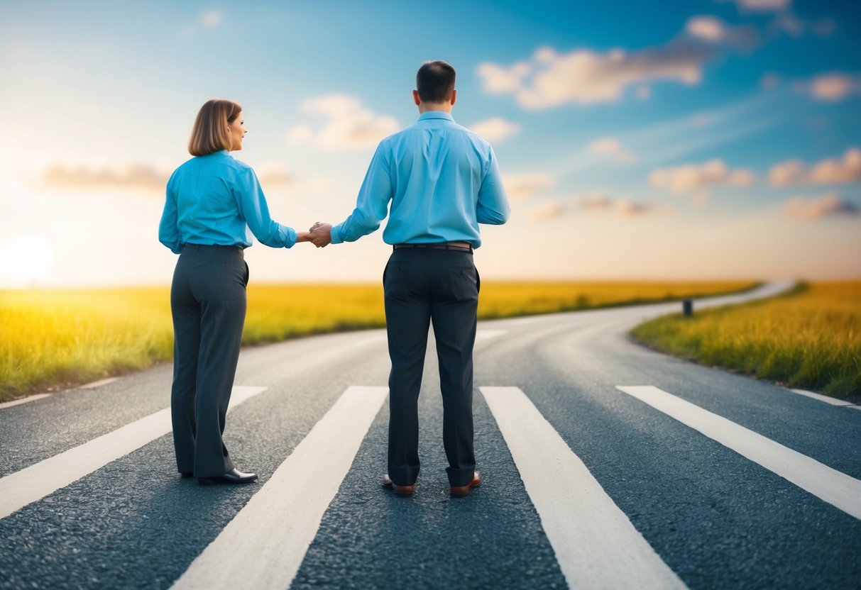 A person standing at a crossroads, with one path leading to obstacles and the other leading to a clear, smooth path. The person is contemplating their values while choosing a partner