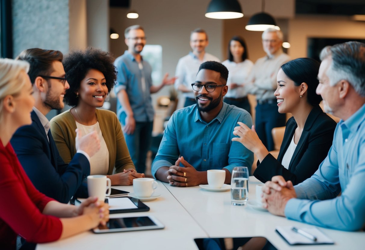 A diverse group of people engaging in conversation, expressing different values and perspectives