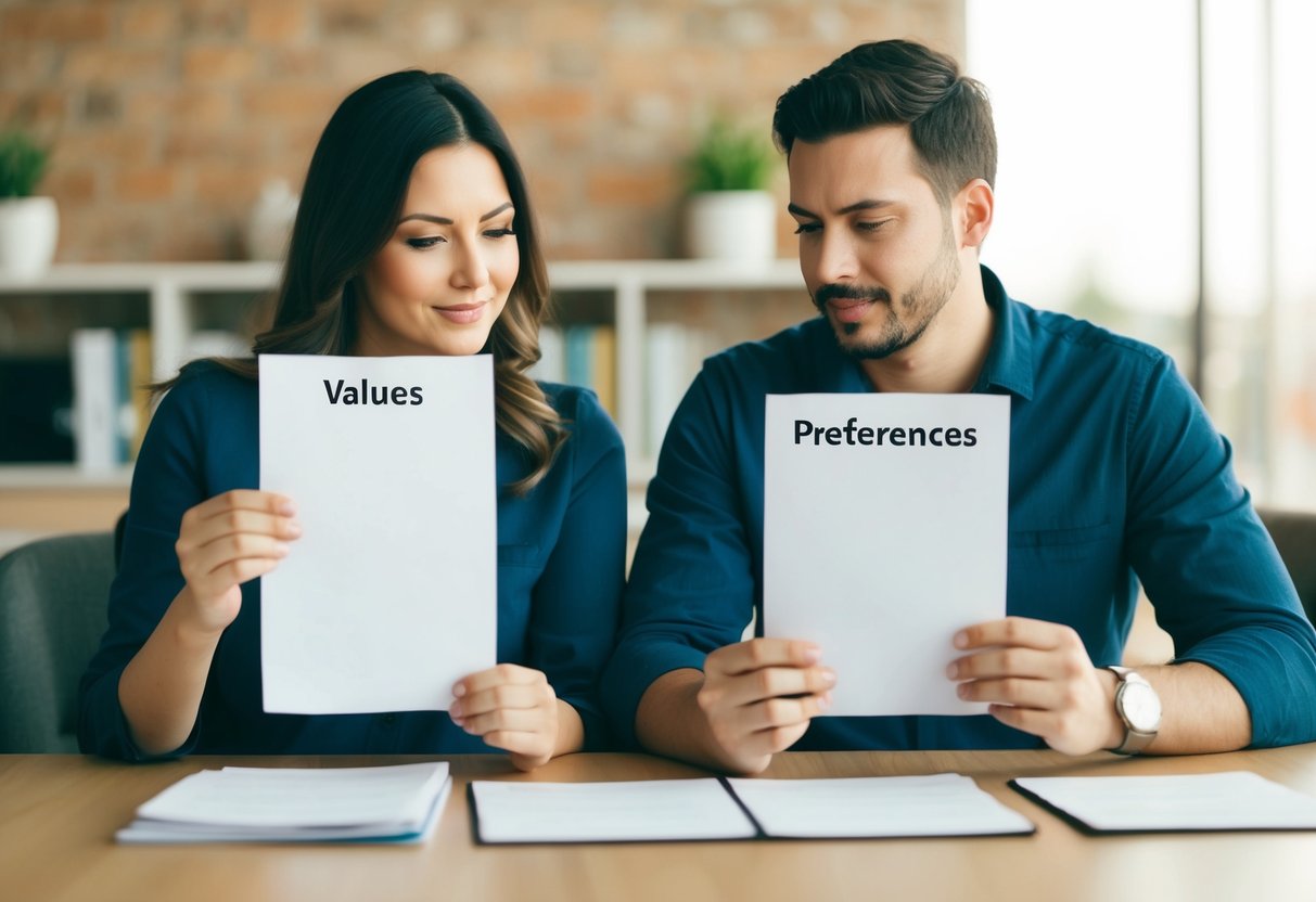 A couple sitting at a table, one holding a list of values while the other looks at a list of preferences. They appear to be discussing the differences between the two