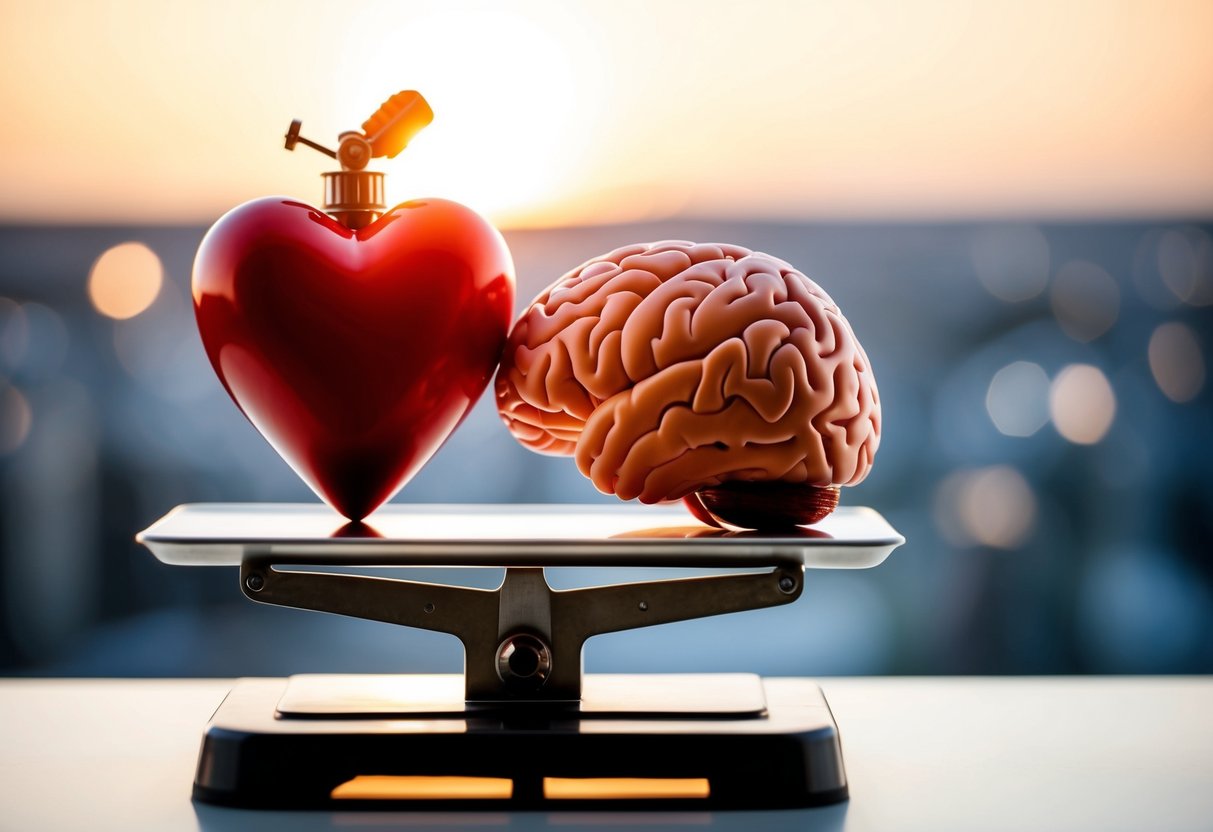 A heart and a brain sitting on a scale, with the heart slightly outweighing the brain