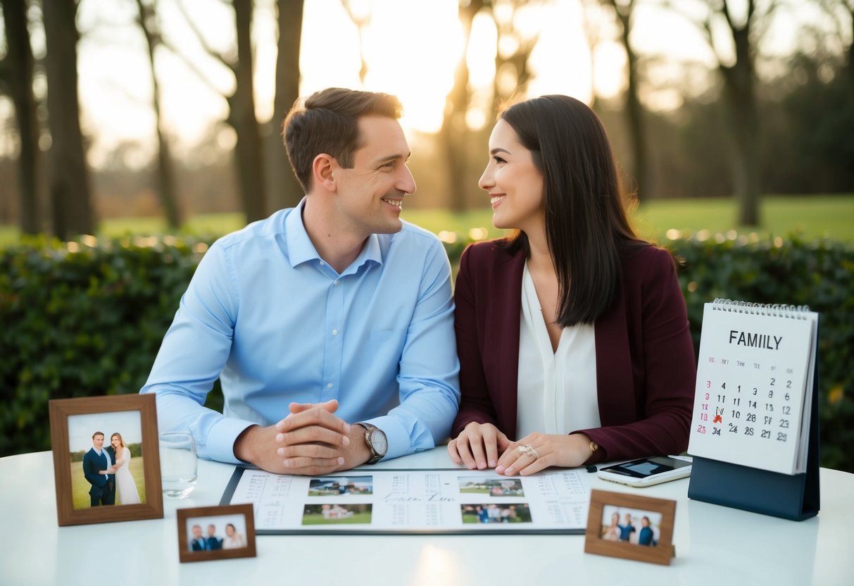 A couple sitting at a table, surrounded by symbols of long-term partnership such as wedding rings, family photos, and a shared calendar