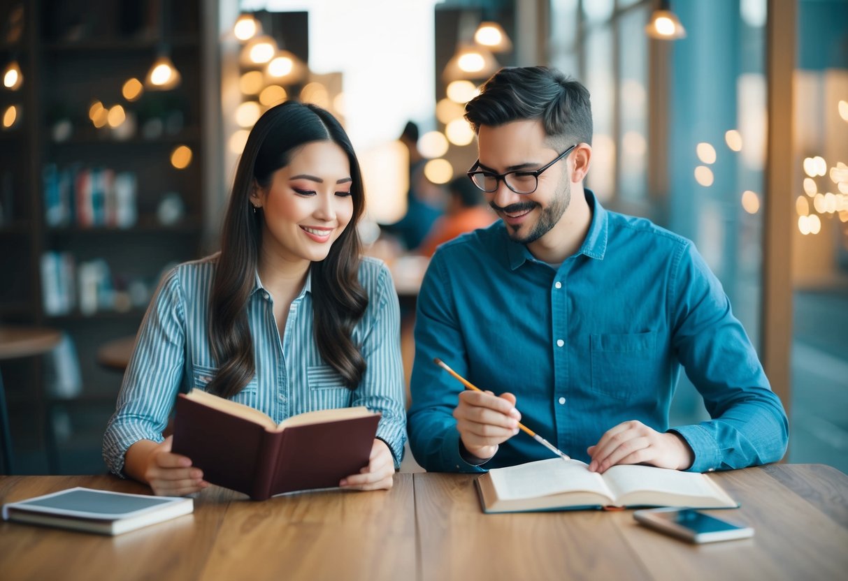 A couple sits at a table, one reading a book while the other paints. Their contrasting activities reflect their different values and preferences