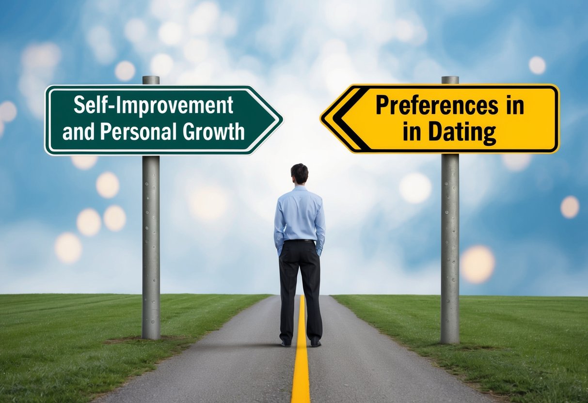 A person standing at a crossroads, with one path leading to a sign labeled "Self-Improvement and Personal Growth" and the other path leading to a sign labeled "Preferences in Dating."