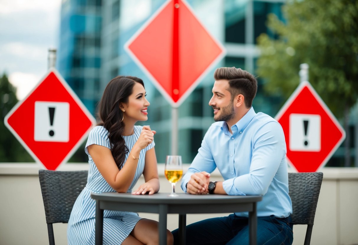 A couple on a date, one person expressing opinions while the other listens attentively. Red flags are symbolized by warning signs in the background