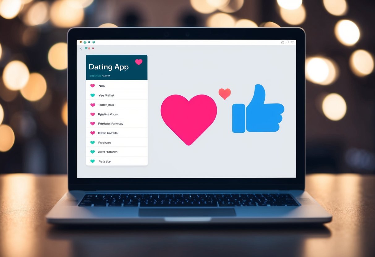 A laptop displaying a dating app with a list of values and preferences. A heart icon and a thumbs-up icon are highlighted