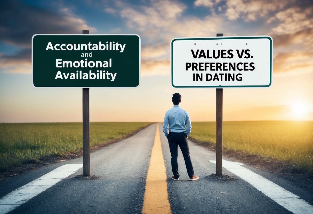 A person standing at a crossroads, with one path leading towards a sign labeled "Accountability and Emotional Availability" and the other towards a sign labeled "Values vs. Preferences in Dating."