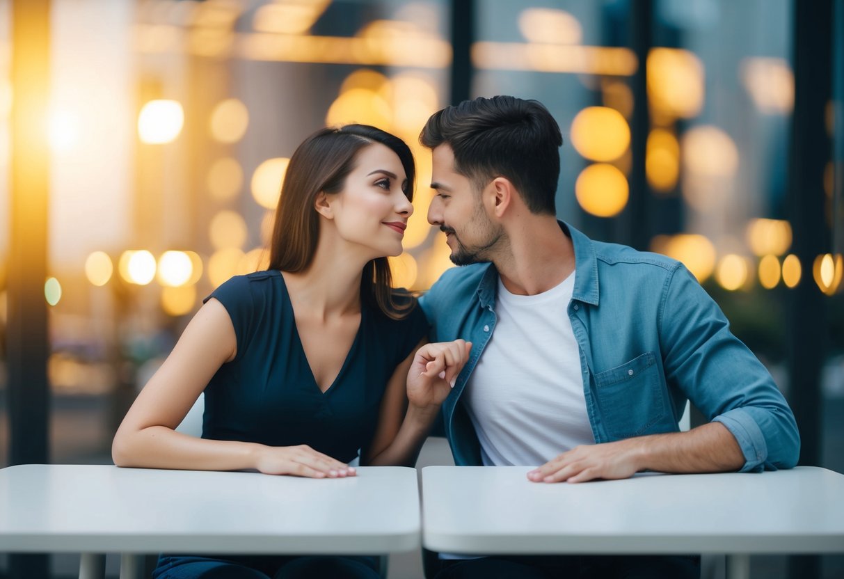 A couple sitting at a table, one pushing back slightly while the other leans in, illustrating the concept of setting and respecting boundaries in dating