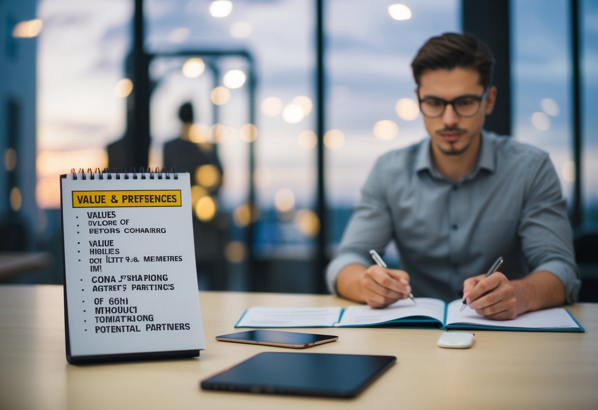 A person sitting at a table, comparing a list of values and preferences while contemplating potential partners